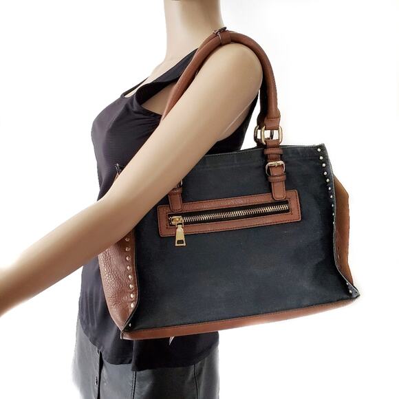 Black Rivet | Canvas Leather Riveted Shoulder Bag - Picture 2 of 13